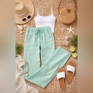 2b Bebe 100% Linen Mint Green Drawstring Pants Lightweight Elastic Waist Small S